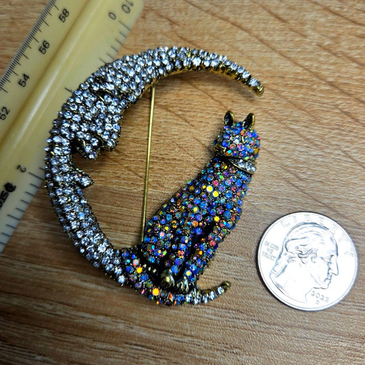 XL Cat Moon Rhinestone Brooch Iridescent Statement Pin Celestial Black Cat Jewelry
