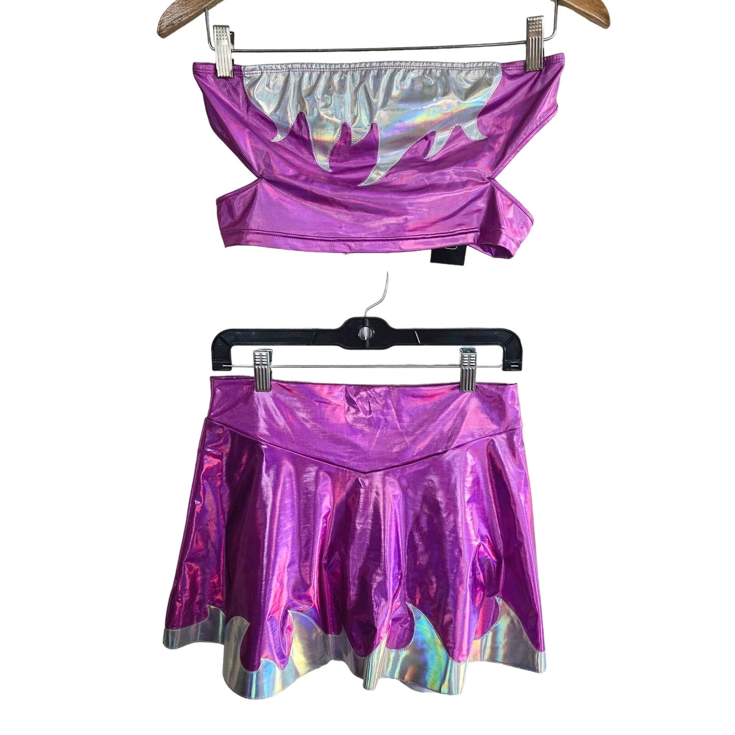 Large NWT Dolls Kill Club Exx Holographic 2 Piece Tube Top Skater Mini Skirt Set