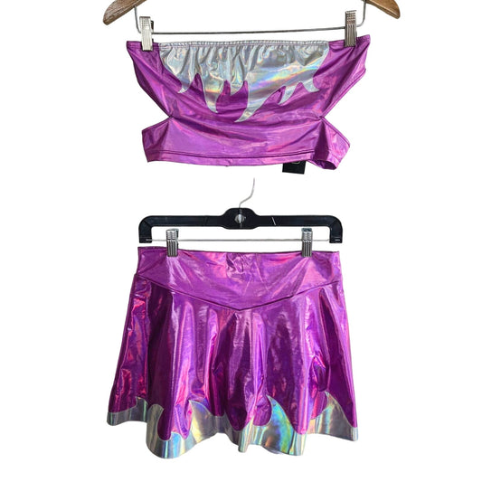 Large NWT Dolls Kill Club Exx Holographic 2 Piece Tube Top Skater Mini Skirt Set