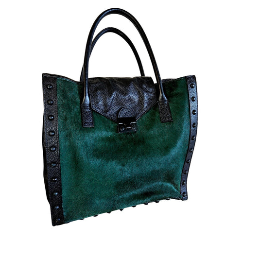 Loeffler Randall Black Leather & Green Cow Fur Studded Handbag