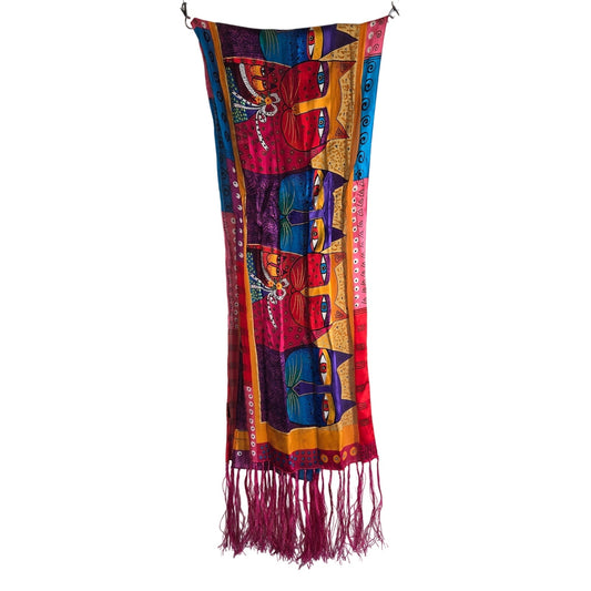 Colorful Cat Art Scarf with Fringe – 12"x56" Satin Feel | Whimsical Boho Animal Print Shawl