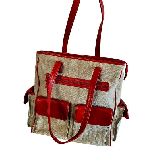Buxton Cream Canvas & Leather Tote Bag w/ Rainbow Lining
