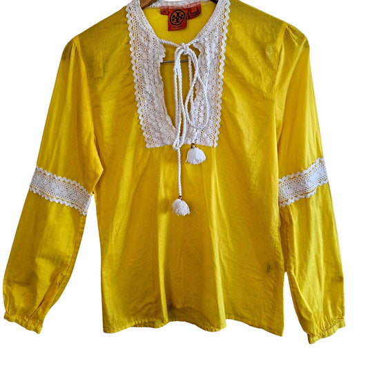 Tory Burch 100% cotton yellow long sleeve top with tie detail