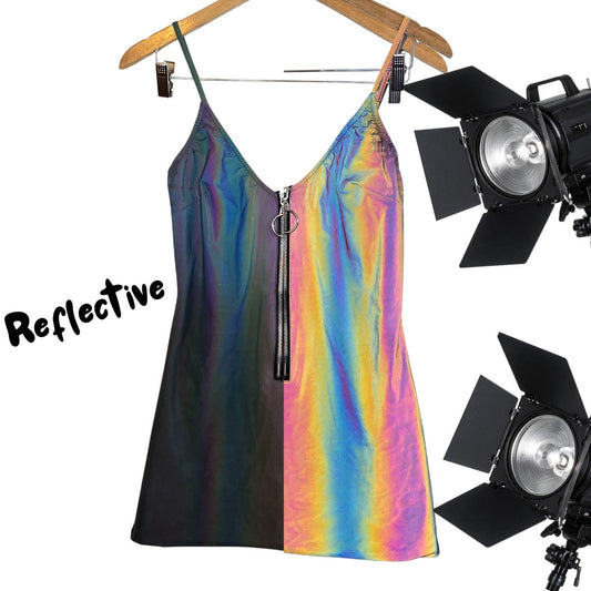 Size L – Reflective Spaghetti Strap Zipper-Front Bodycon Dress by ClubExx