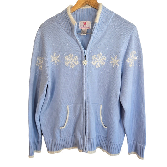 L – Blue Snowflake Zip-Up Cardigan by Quacker Factory