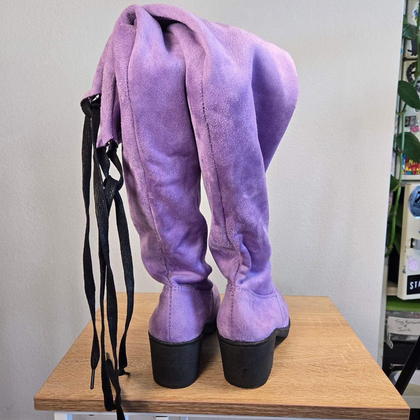 Size 8 Funtasma Lavender Faux Suede Over the Knee Boots Lace Back Stretch Coquette Mod