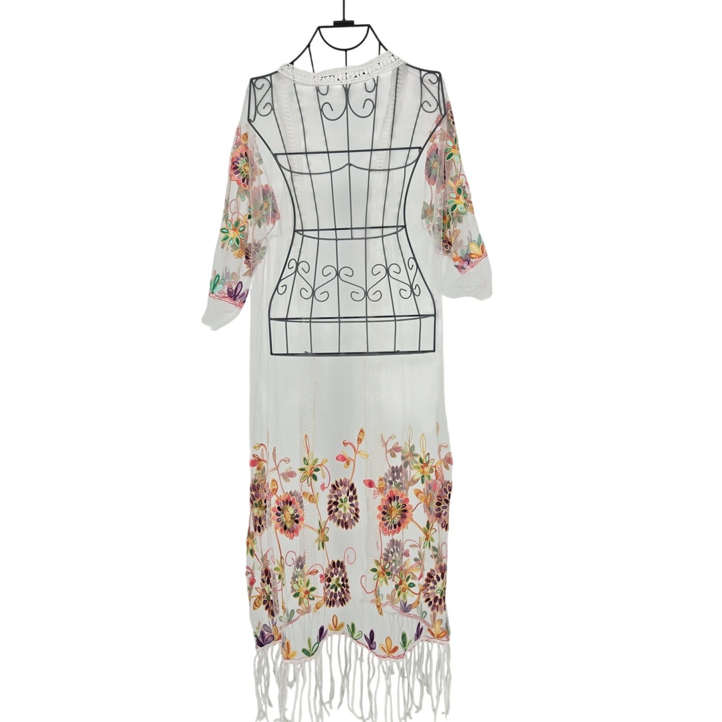 One Size White Sheer Embroidered Floral Kimono Duster Cardigan Fringe Boho Fairycore