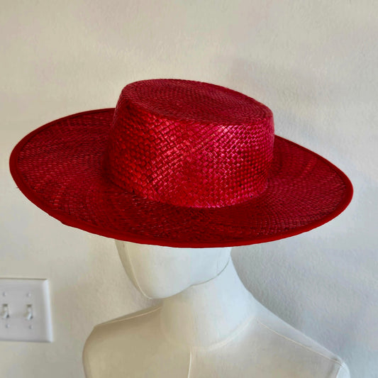 Size M – Vintage Red & Navy Natural Fiber Boater Sun Hat
