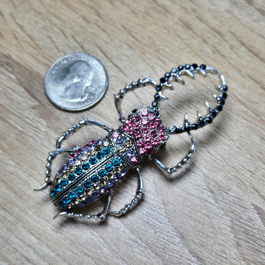 Rainbow Rhinestone Beetle Bug Brooch
