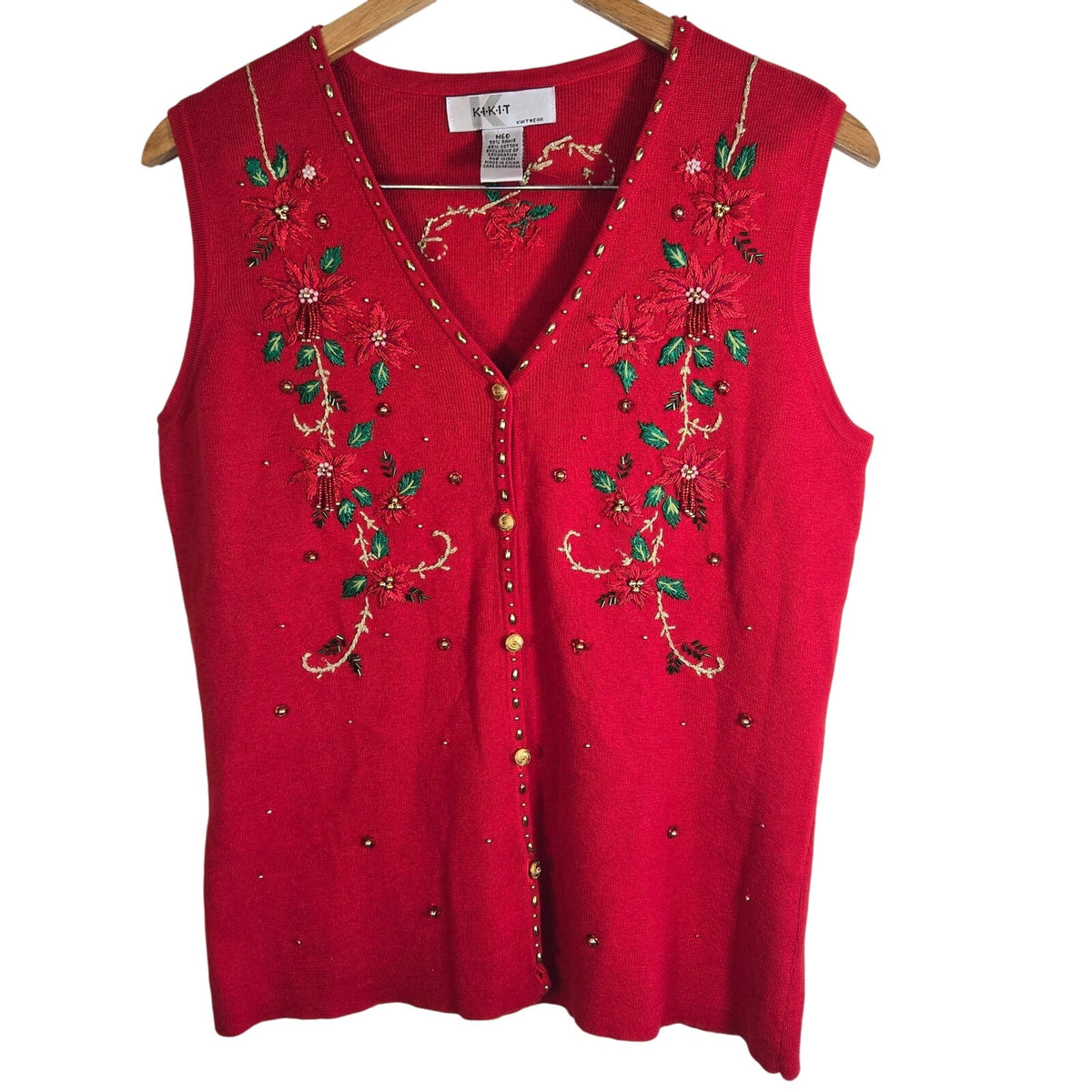 M – Vintage Kikit Knitwear Red Beaded Poinsettia Holiday Sweater Vest
