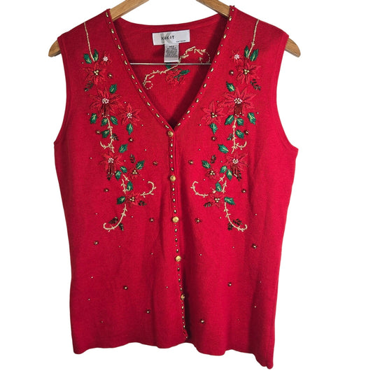 M – Vintage Kikit Knitwear Red Beaded Poinsettia Holiday Sweater Vest