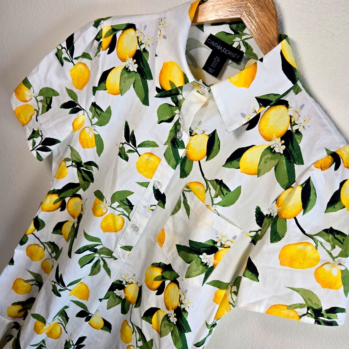 Size Small Cynthia Rowley Lemon Print Button Front Shirt Dress Ruffle Hem