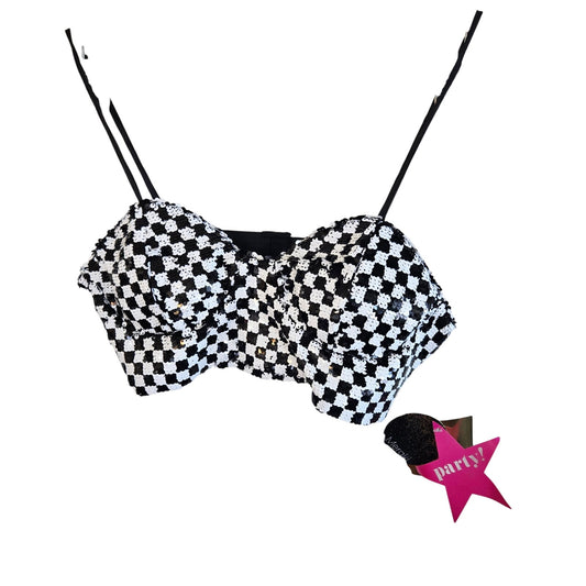 Size M – Mirakai Black & White Checkered Sequin Bra Top (NWT)