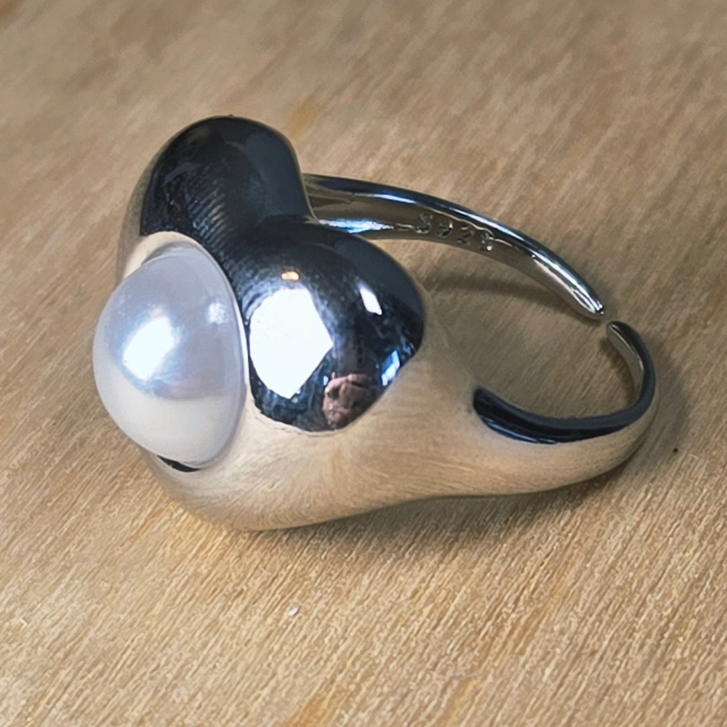 Adjustable | Modern Sculpted Heart Ring with Pearl Center
