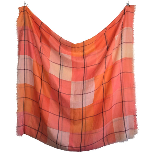 Sunset Plaid Lightweight Scarf – Oversized Peach Coral Check Wrap 40x70”