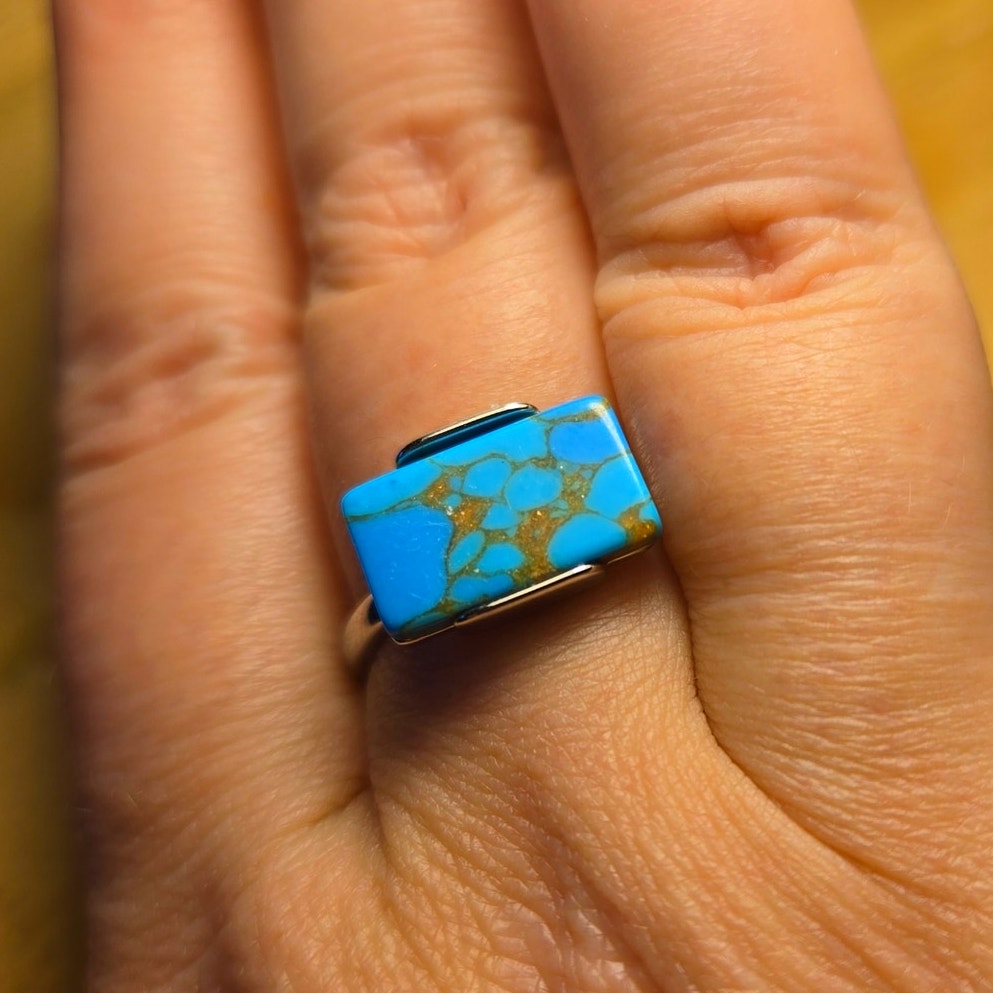 Size 8 Rectangular Turquoise Ring – Silver Tone Statement