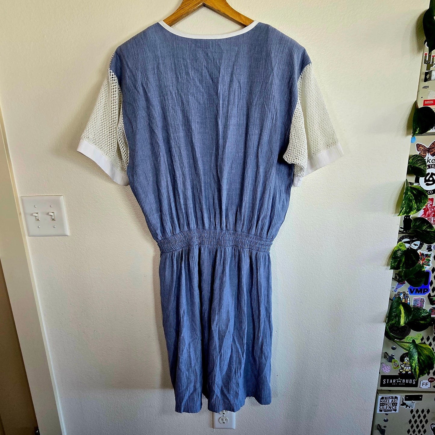 Size L – Vintage 1980s Raphael Denim Blue & White Mesh Romper