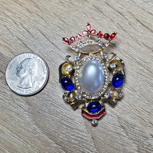 Regal Faux Pearl & Gem Crown Brooch