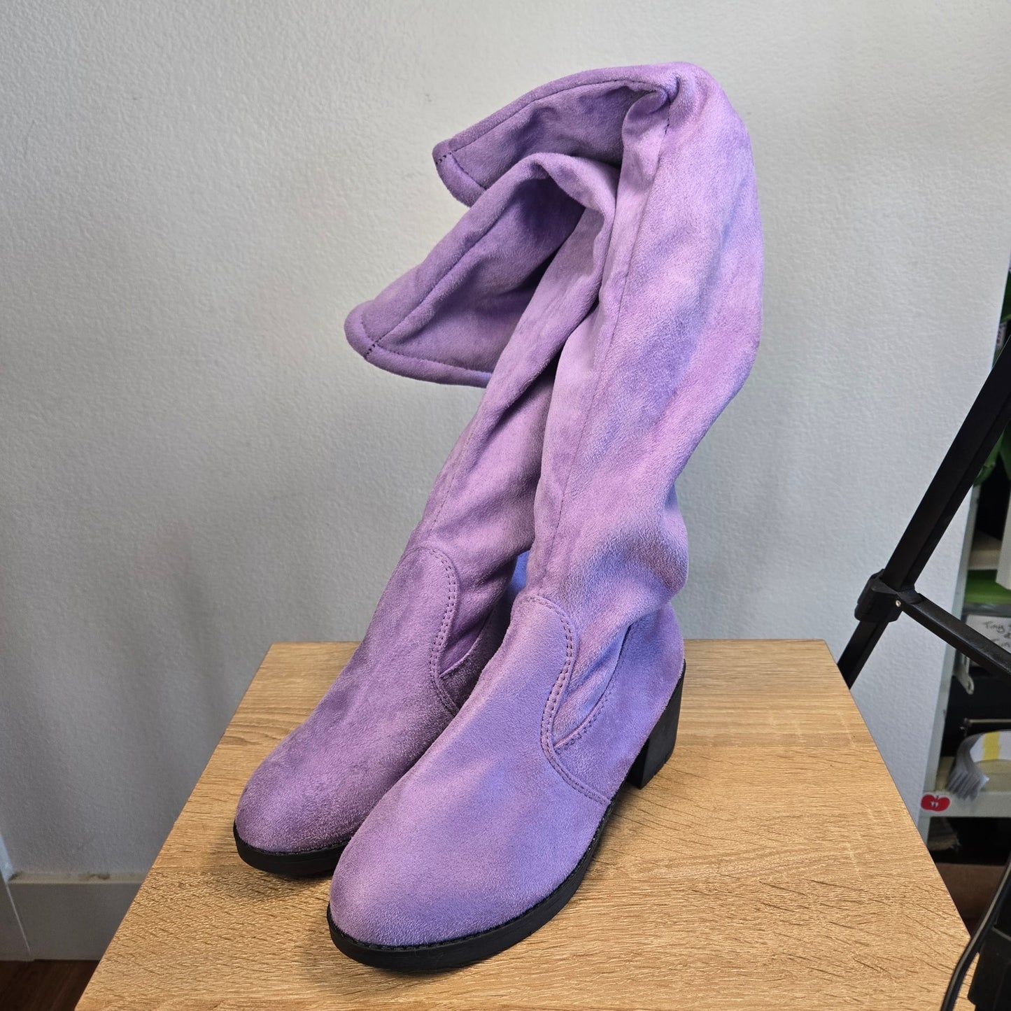 Size 8 Funtasma Lavender Faux Suede Over the Knee Boots Lace Back Stretch Coquette Mod