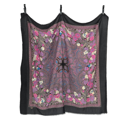 Vintage 46" Lalezar Floral Paisley Fringe Scarf Shawl Black Purple Boho Whimsy Goth