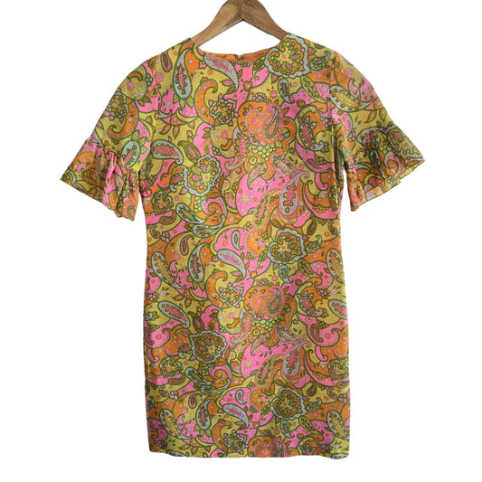 Vintage psychedelic paisley 1960's ruffle sleeve mini dress mod medium
