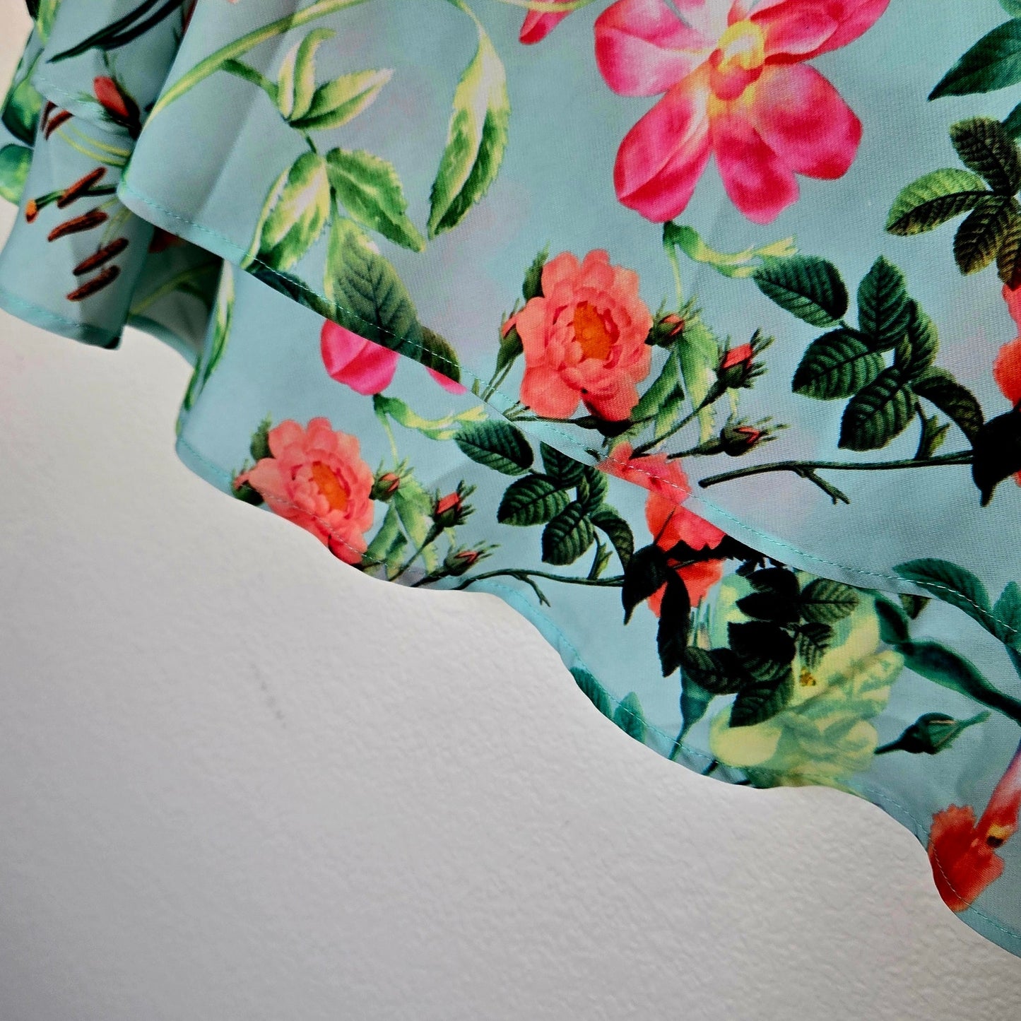 Soft Satin style floral asymmetrical midi skirt layered colorful