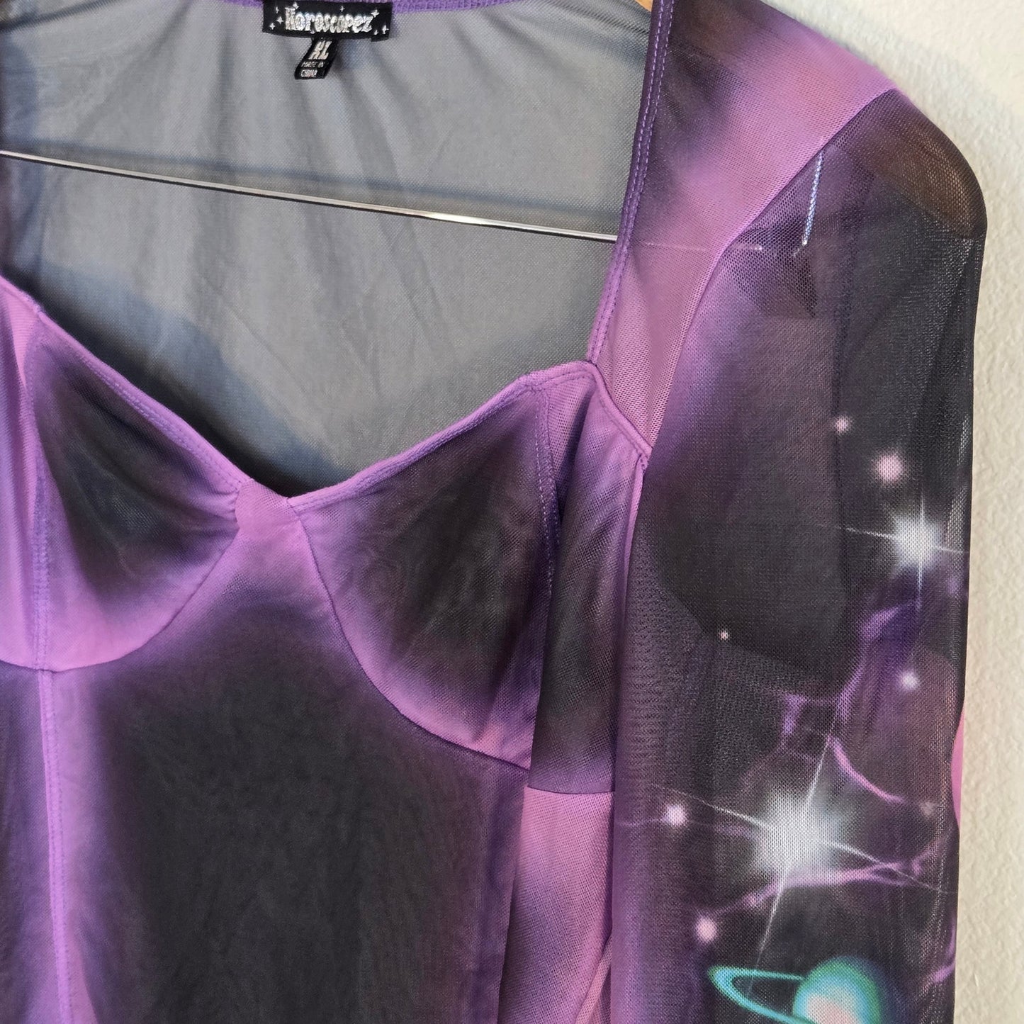 Size XL – Horoscopez Purple & Black Galaxy Mesh Bustier Top