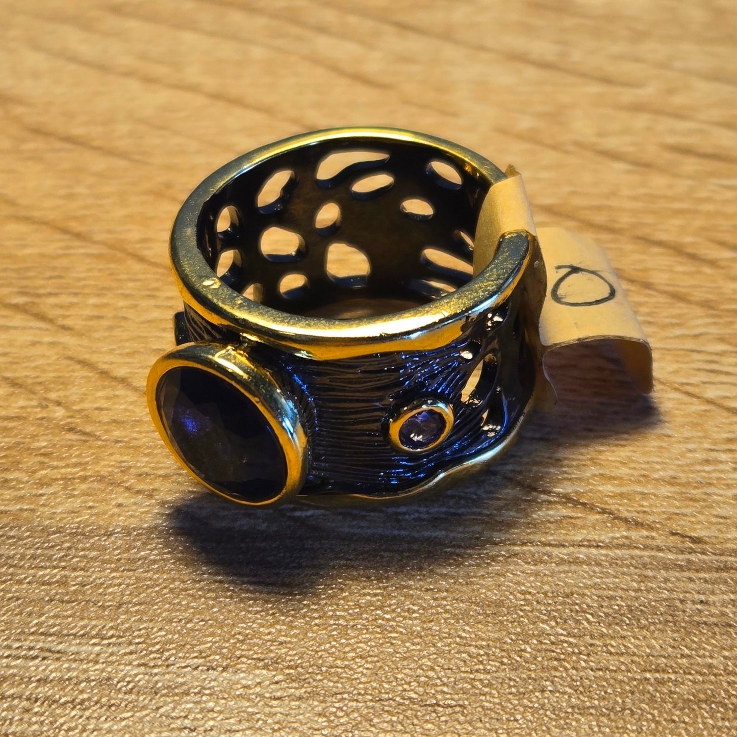 Size 10 Gold and Chrome Toned Round Cut Amethyst Style Ring