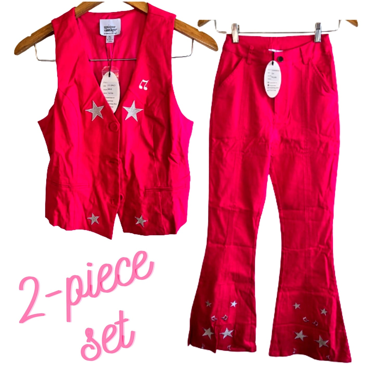 S/M Unique Vintage Hot Pink 2-Piece Western Set – Star Embroidered Flare Pants & Vest