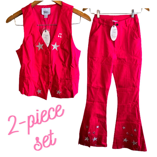 S/M Unique Vintage Hot Pink 2-Piece Western Set – Star Embroidered Flare Pants & Vest