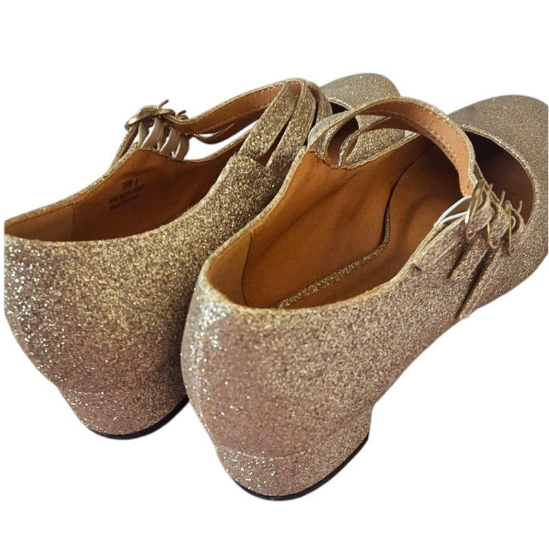Gold Glitter Ballet triple strap round toe flats kitten heel