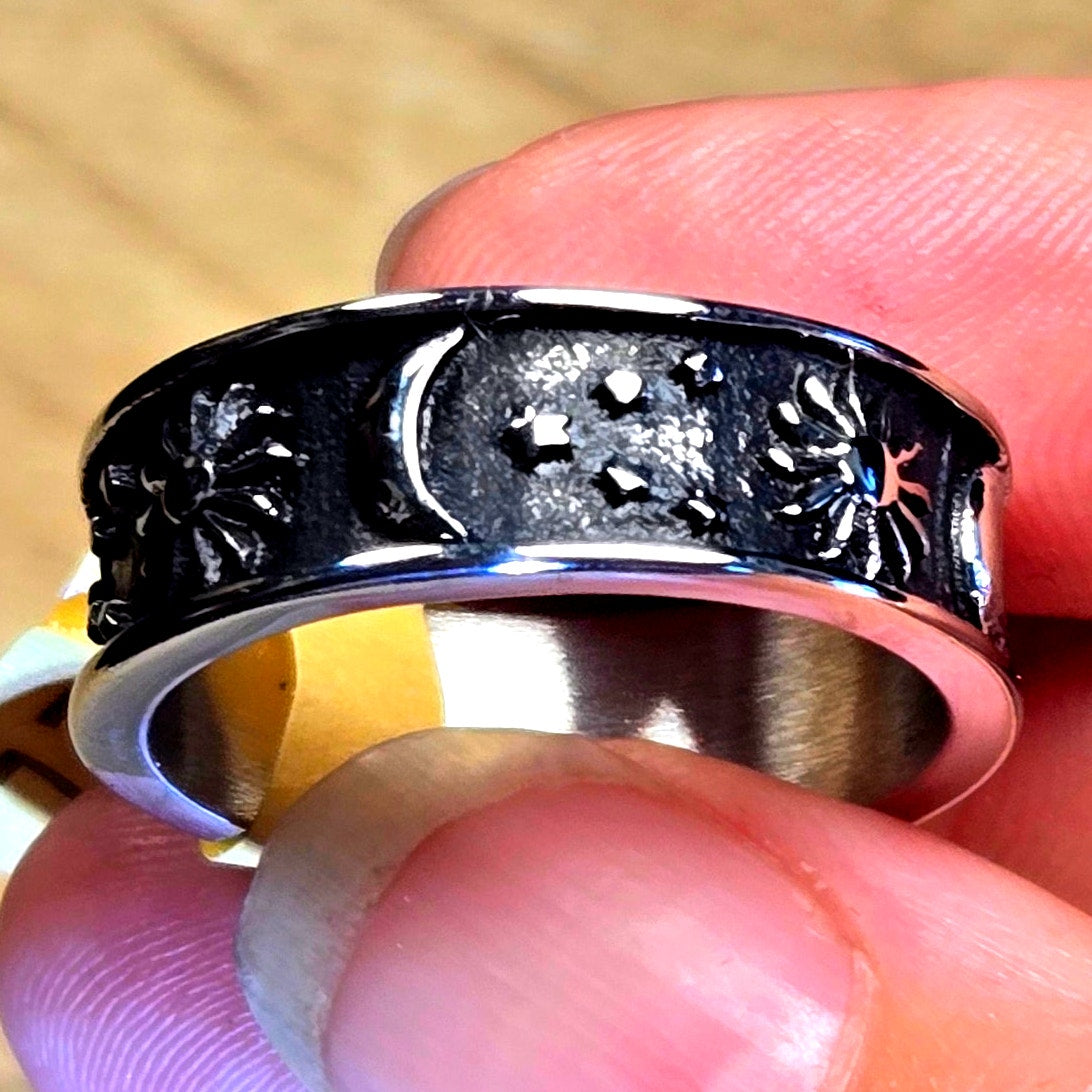 Size 10 Celestial Stainless Steel Ring – 9mm Band with Sun, Moon & Stars