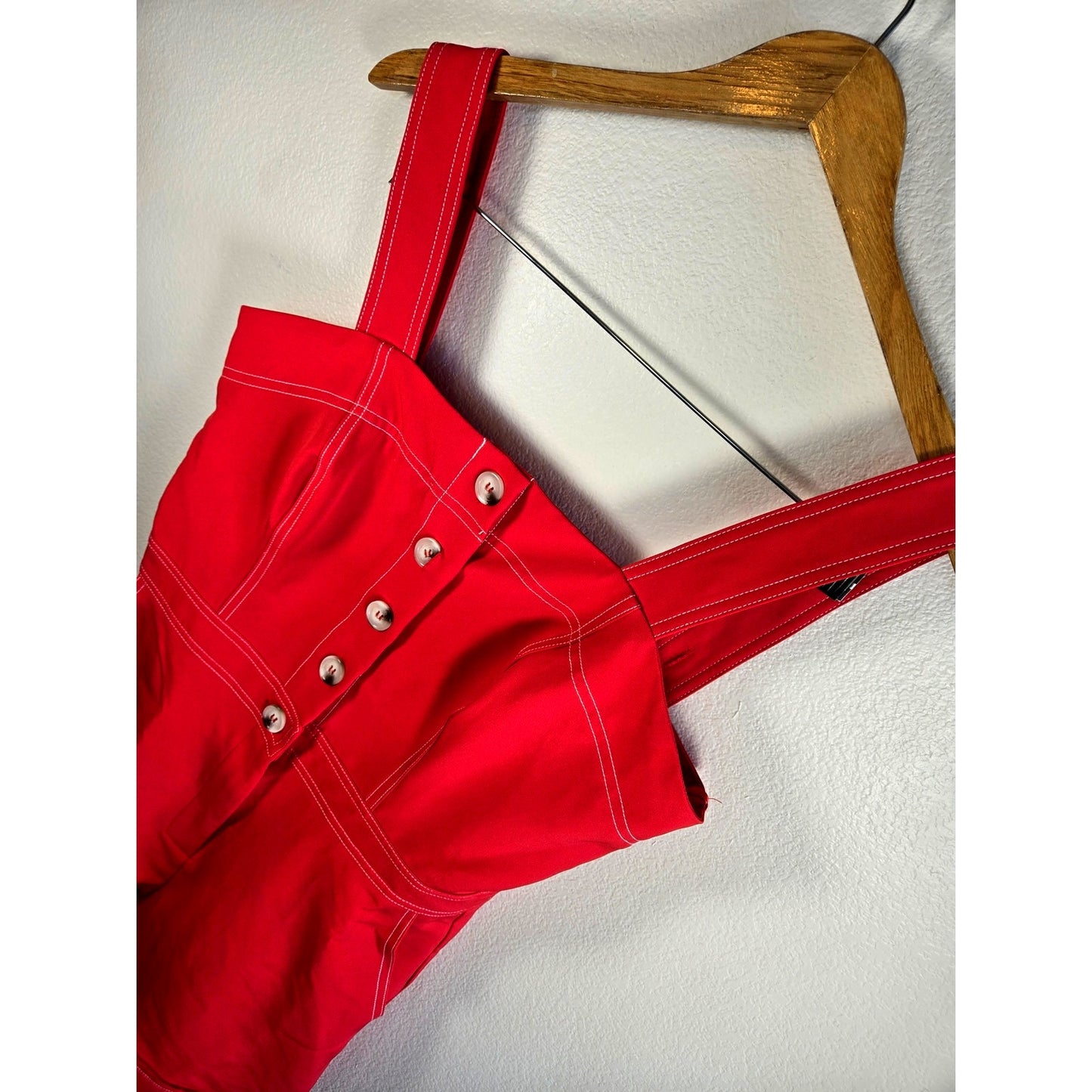 Size Large She + Sky Red Retro Playsuit Romper Button Front Mod 60s