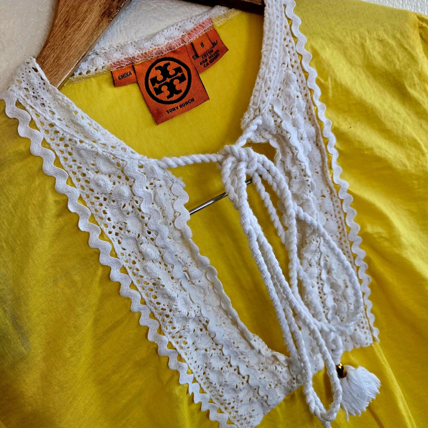 Tory Burch 100% cotton yellow long sleeve top with tie detail