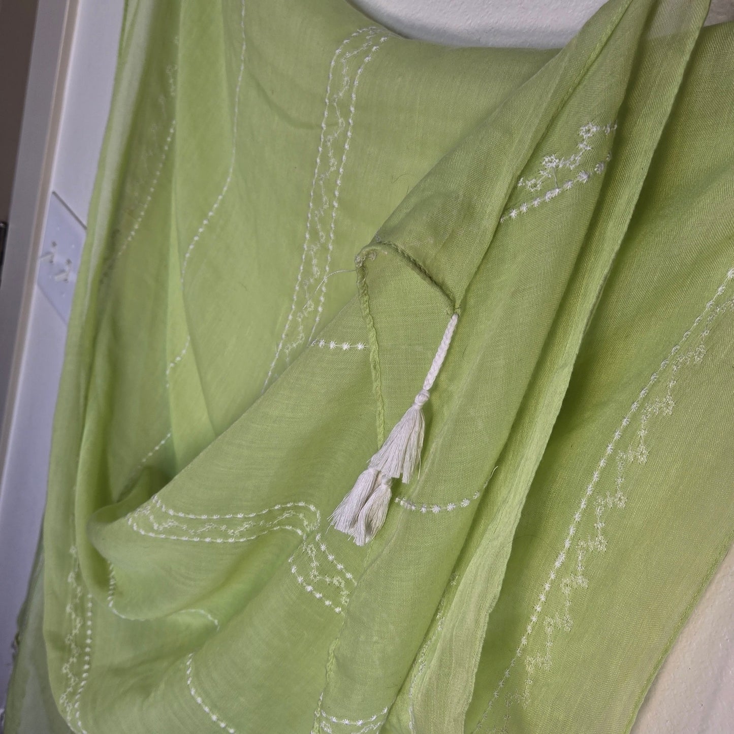 Lime Green Tassel Scarf – Boho Embroidered Sheer Wrap 76x29”