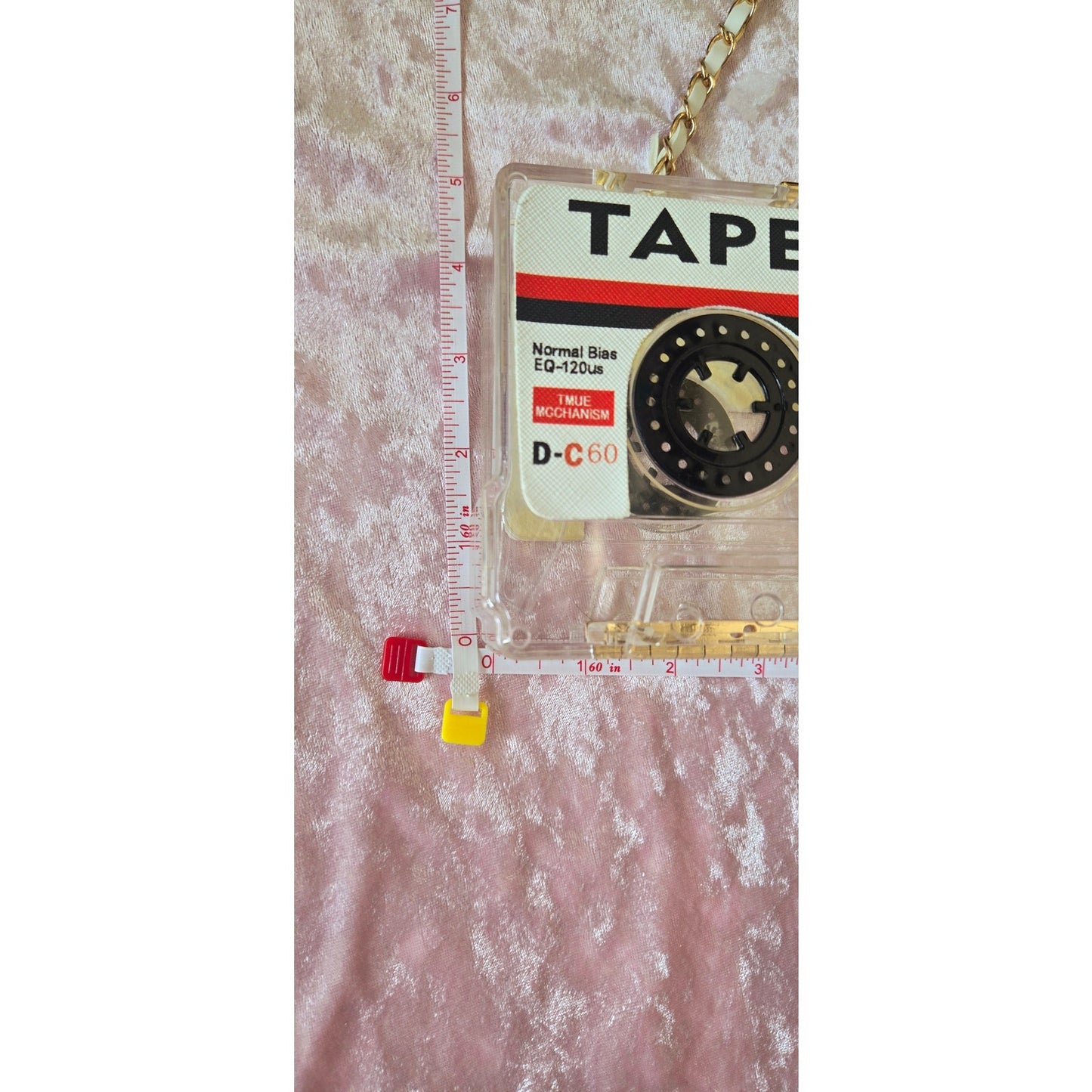 Cassette Tape Crossbody box bag clear gold and white handle