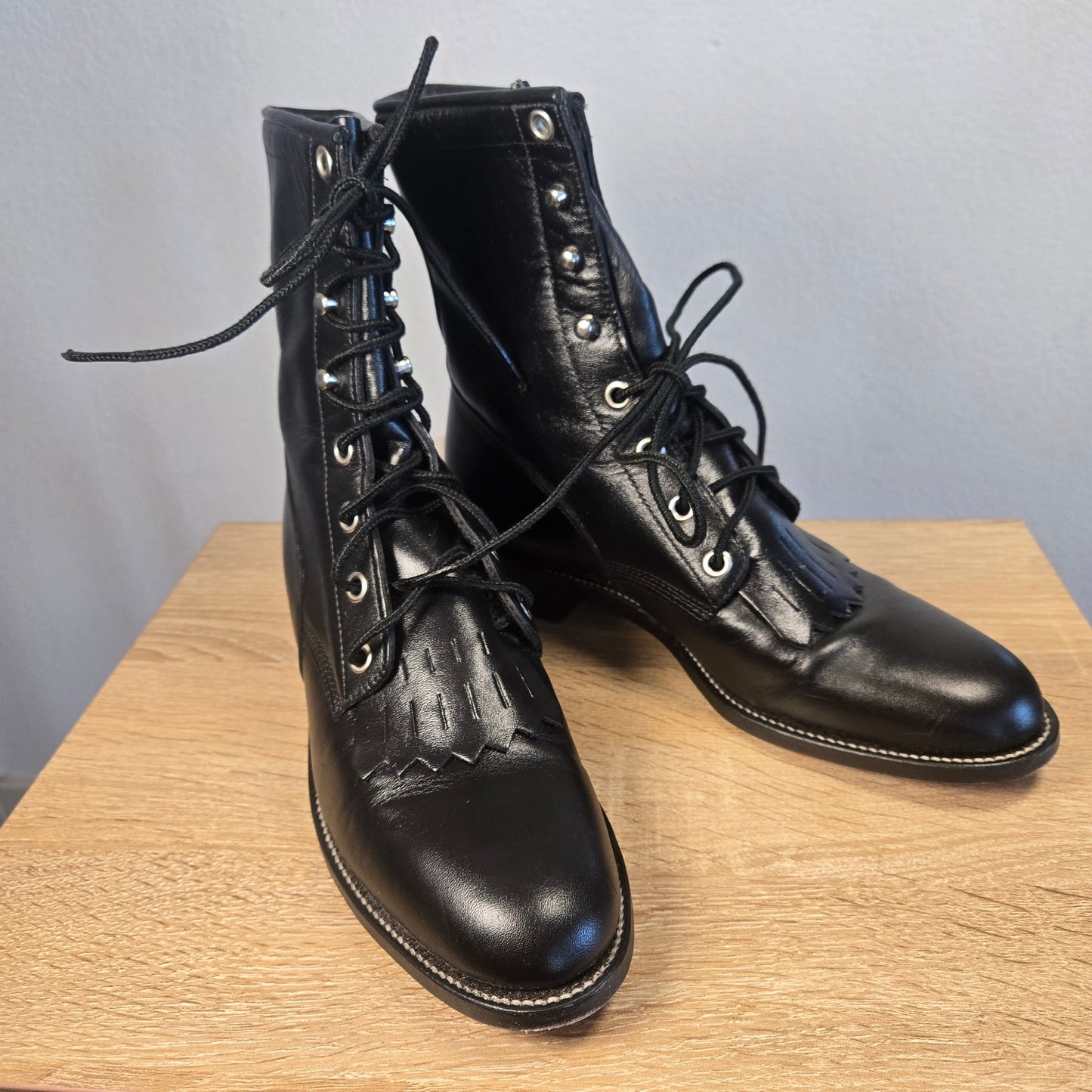Size 6.5 Justin Black Leather Prairie Boots Kiltie Lace Up Roper Western USA Made