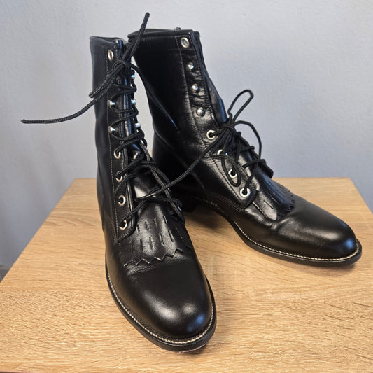 Size 6.5 Justin Black Leather Prairie Boots Kiltie Lace Up Roper Western USA Made