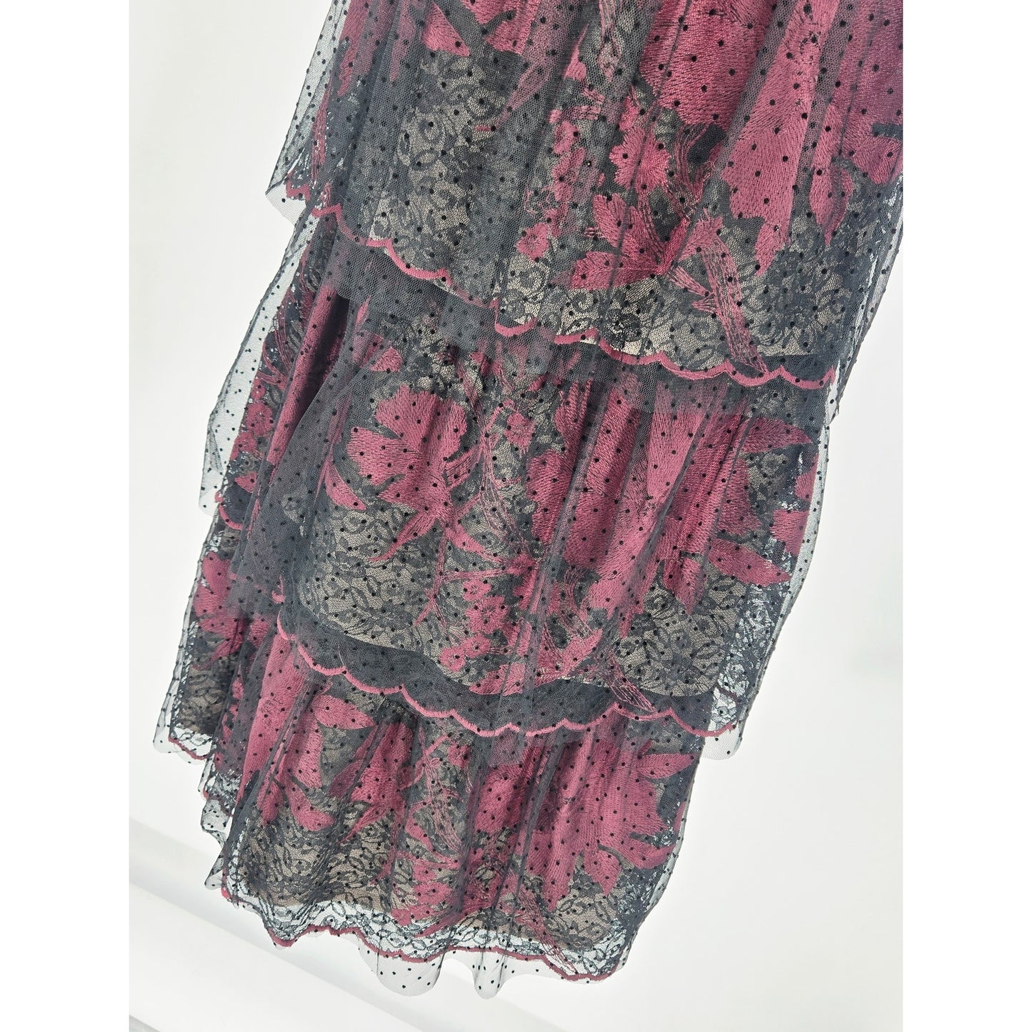 Size 12 BHLDN Burgundy Black Lace Midi Dress Gothic Floral Mesh Party Prom