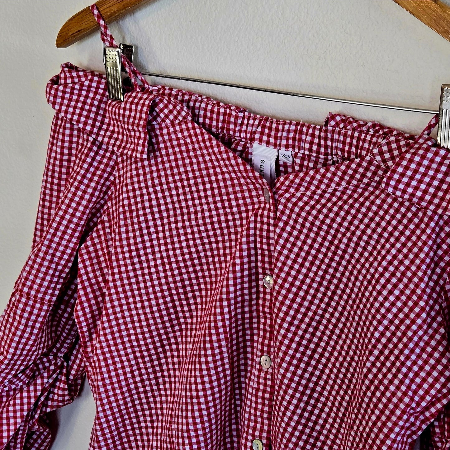 Red and white gingham plaid off the shoulder ruched sleeve cotton top