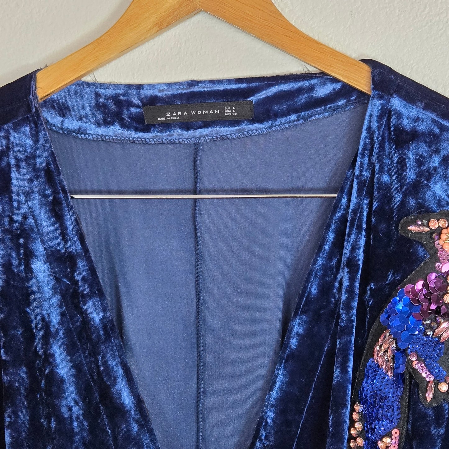 Size L – Zara Woman Velvet Deep-V Cardigan with Sequin Parrot Patch