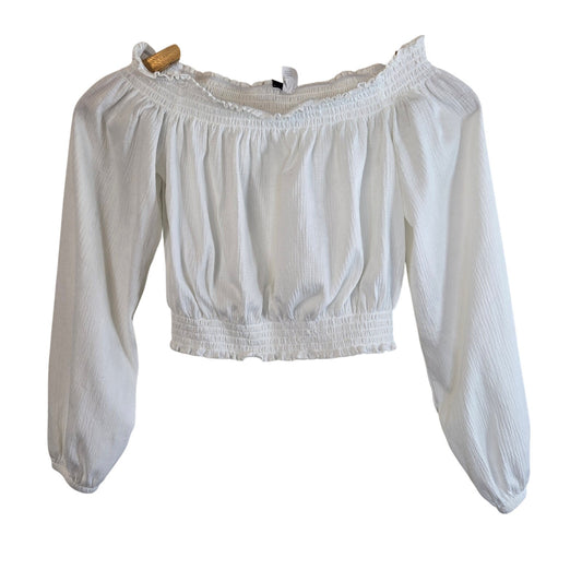 Size S – White Off-Shoulder Smocked Peasant Crop Top by Divided