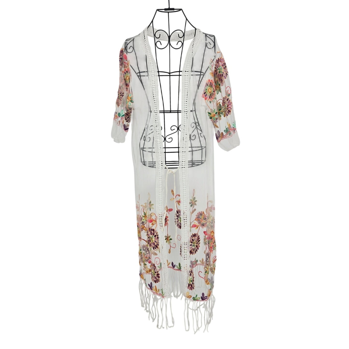 One Size White Sheer Embroidered Floral Kimono Duster Cardigan Fringe Boho Fairycore