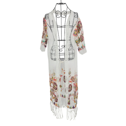One Size White Sheer Embroidered Floral Kimono Duster Cardigan Fringe Boho Fairycore
