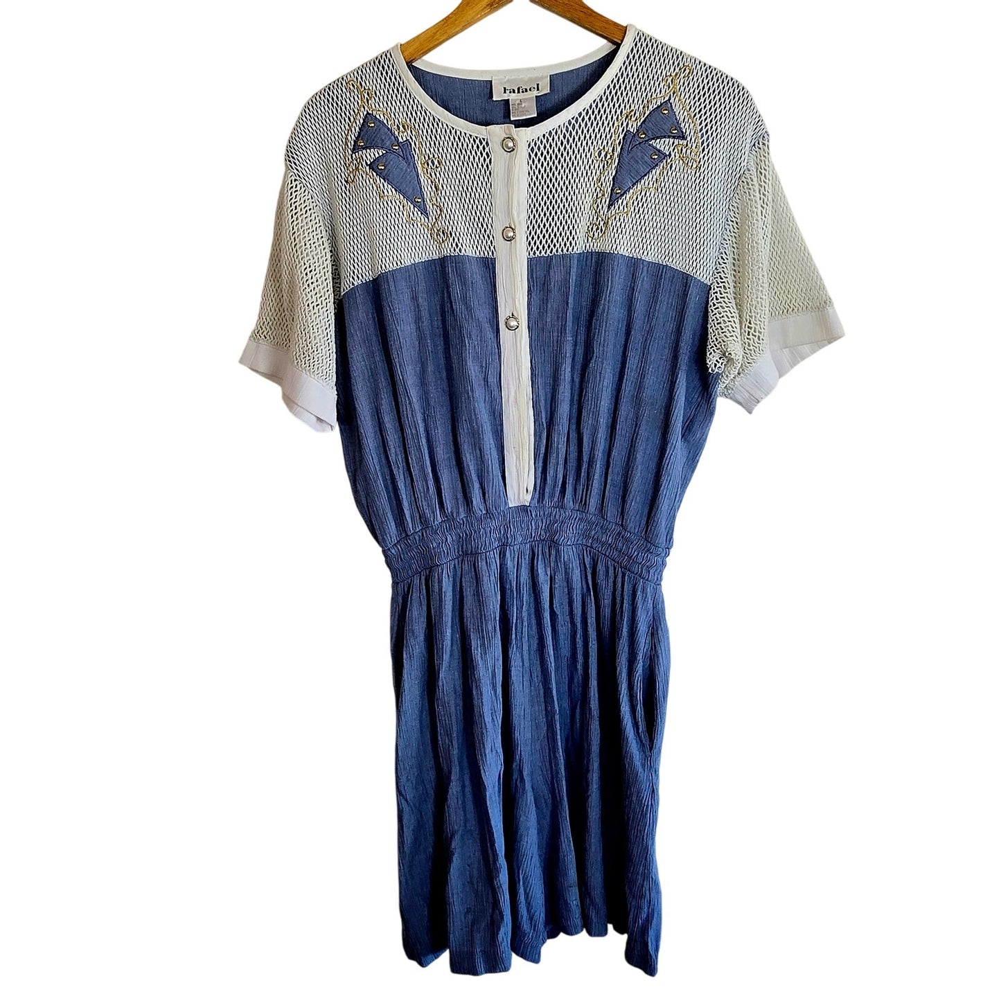 Size L – Vintage 1980s Raphael Denim Blue & White Mesh Romper