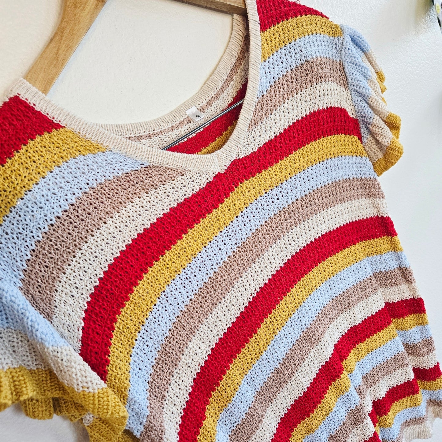 Size S – Rainbow Stripe Neutral Knit Ruffle Sleeve Tee