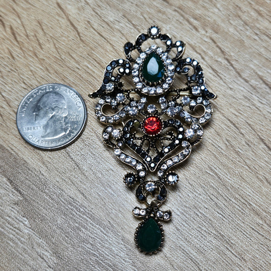 Ornate Baroque-Style Jewel Brooch with Emerald & Ruby Stones