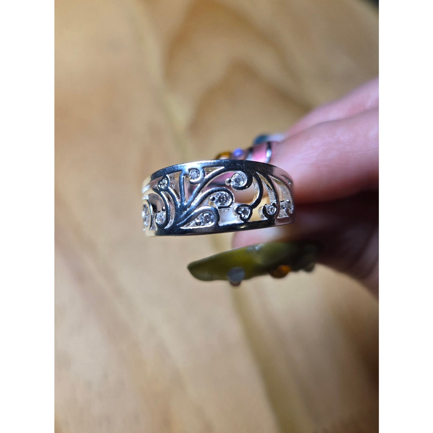 Size 8 Sterling Silver Filigree Band Ring 925 CZ Scroll Design Wide Band