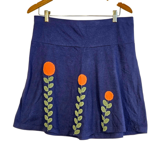 Size Large – Synergy Navy Organic Cotton Mini Skirt with Embroidered Flowers
