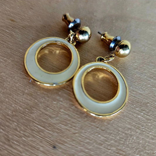 Cream and gold dangle hoops vintage/retro
